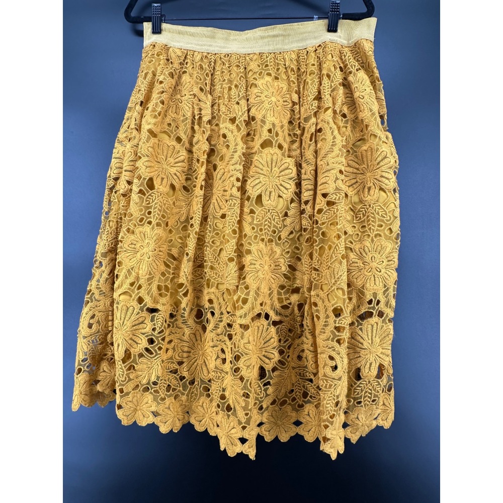 Ann Taylor Mustard Yellow Floral Eyelet Lace Midi Skirt Size 12 A-Line - Picture 2 of 9